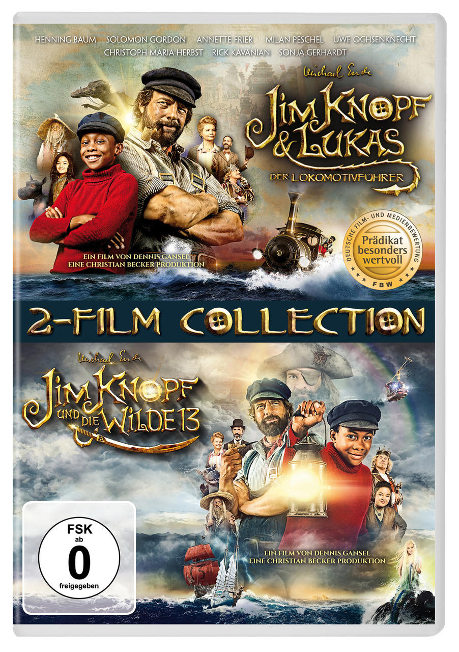 DVD-Hülle für 'Jim Knopf & Lukas' mit Schauspielern und einer Lokomotive.