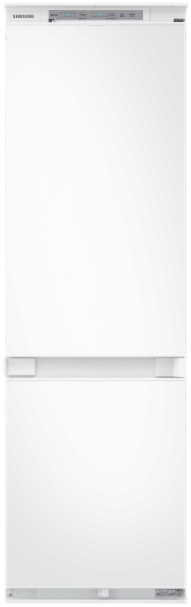 Witte Samsung koelkast met twee deuren, bediening boven. Eenvoudig, modern ontwerp.