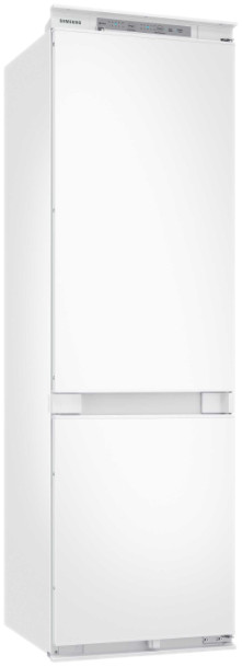 Witte Samsung koelkast met twee deuren, op witte achtergrond, in een studio.