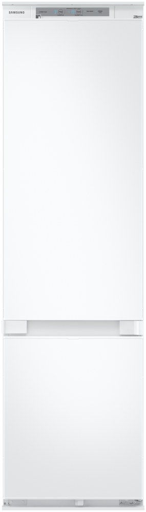 Réfrigérateur blanc, haut et étroit. Panneau de commande supérieur visible. Design épuré et moderne.