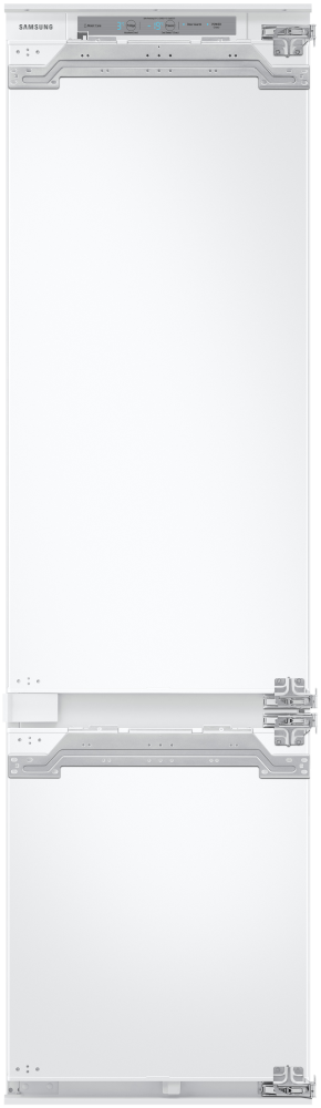 Witte Samsung koelkast met twee deuren en bedieningspaneel, ingebouwd.