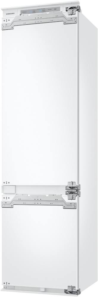 Een witte Samsung koelkast, met een hoog, strak design en twee deuren.