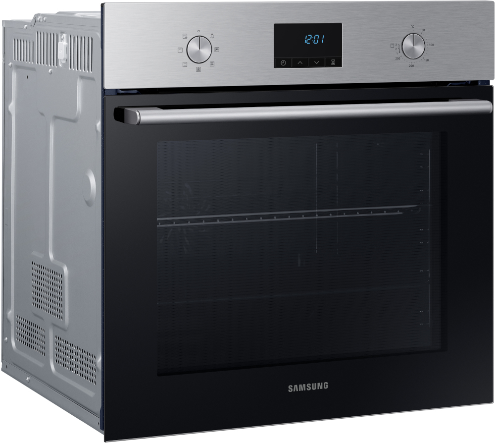 Silver oven with a black door and control panel.