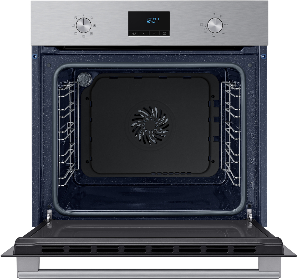 Open oven with the interior visible, including racks and a fan.