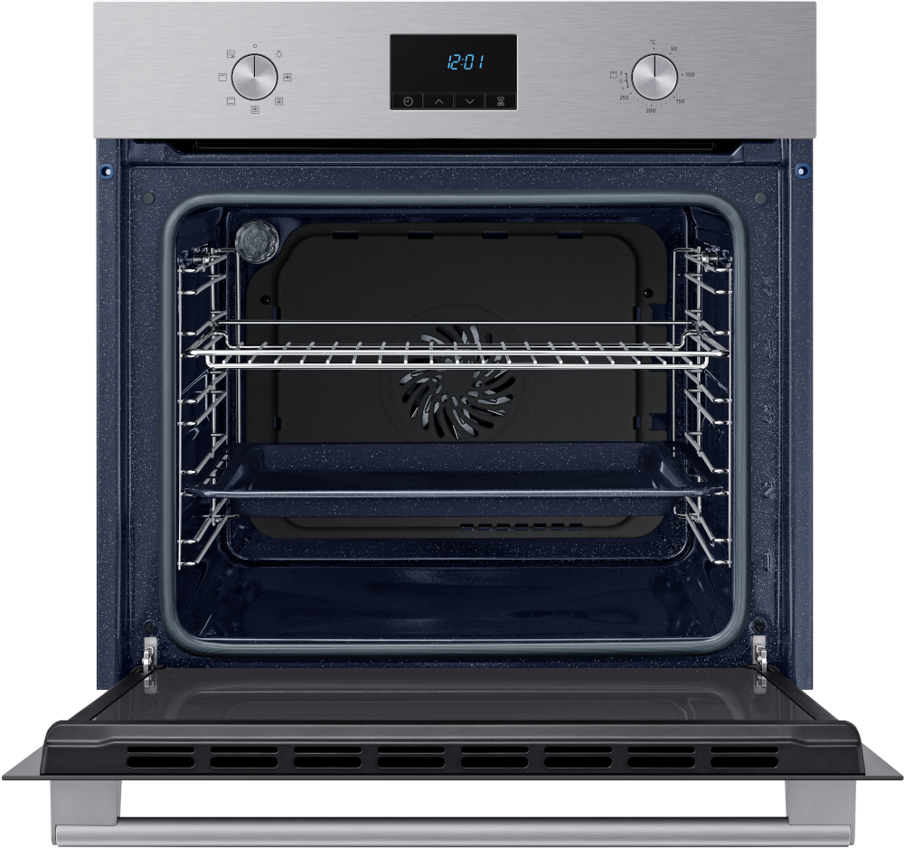 Opened silver oven with a blue interior, racks, and a digital display showing 12:01.