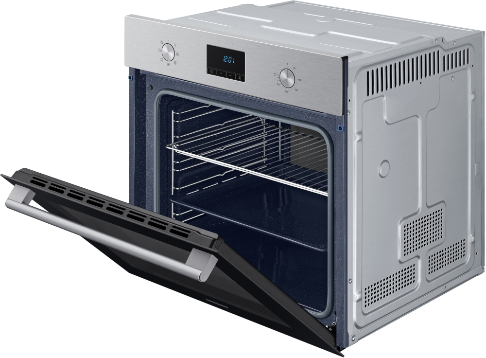 An oven with the door open. The interior has a dark blue color. The oven is silver.