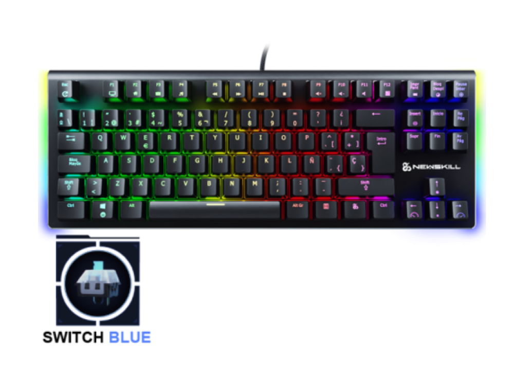 Teclado negro con teclas multicolores. Un interruptor azul se muestra en la esquina inferior izquierda.