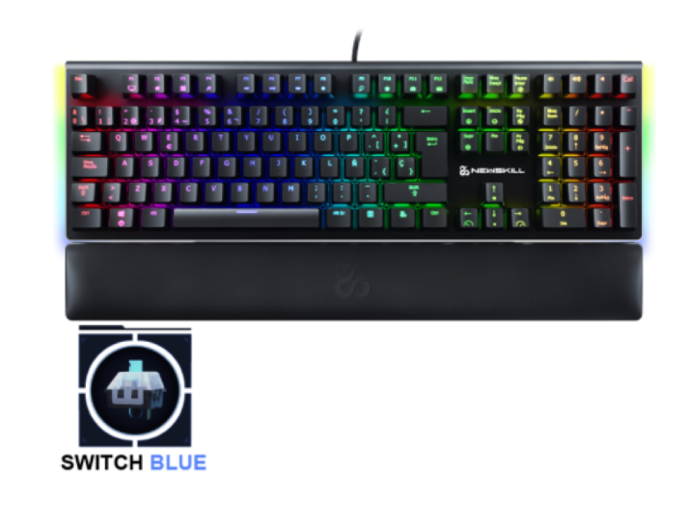 Teclado negro con teclas arcoíris, reposamuñecas y un logotipo Switch Blue.