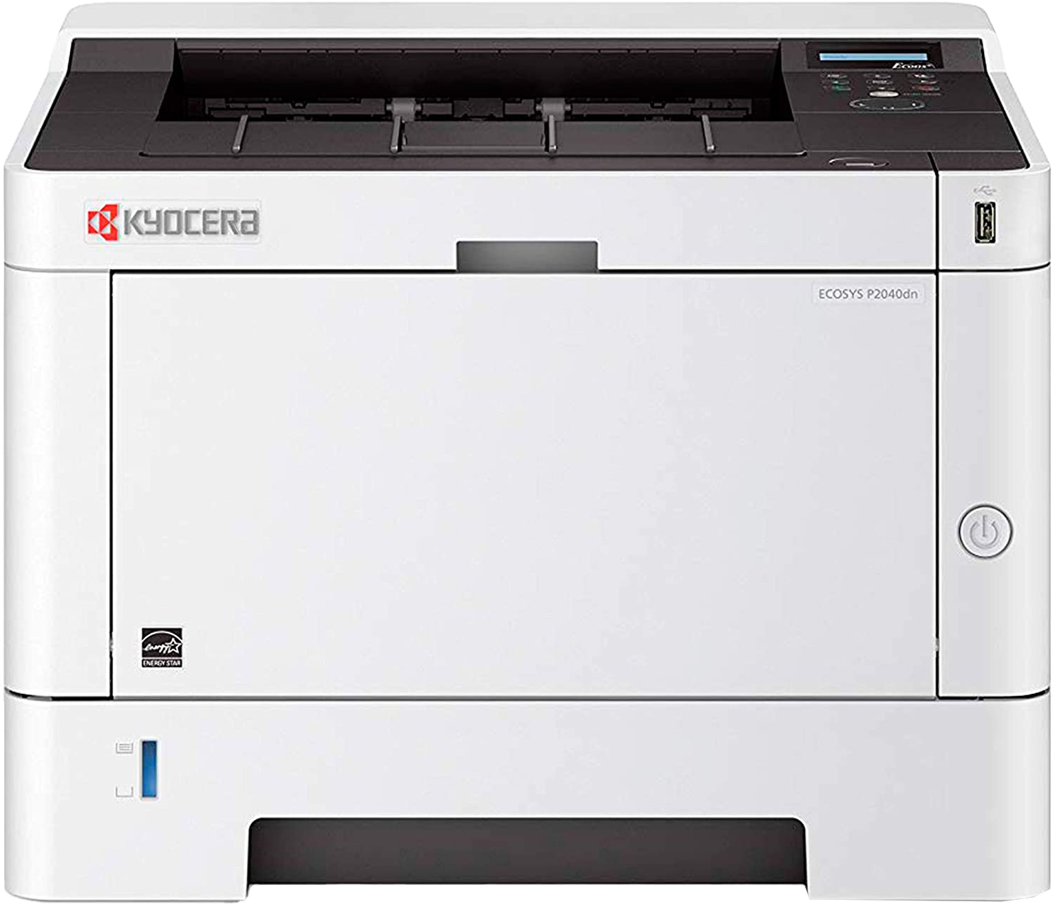 Kyocera ECOSYS P2040dn nyomtató, fehér test, elölnézet, gombokkal és portokkal.