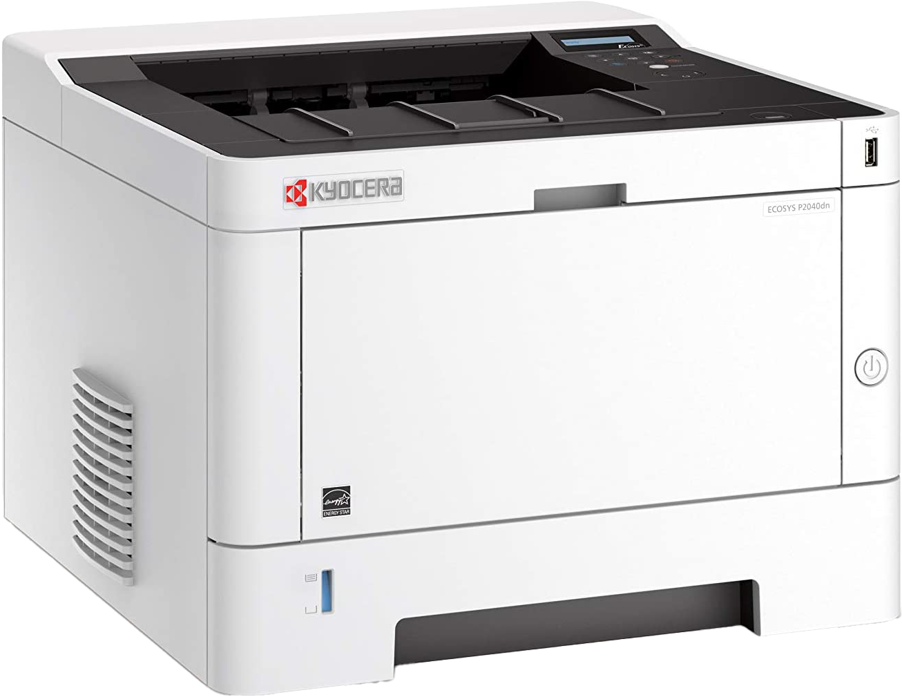 Kyocera ECOSYS P2040dn nyomtató, fehér test, fekete tető, ferde nézet.