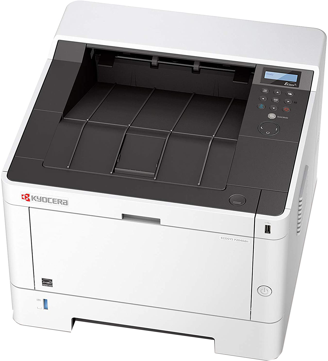Egy Kyocera ECOSYS P2040dn nyomtató, fehér, fekete tetővel. Fekete felületen van.