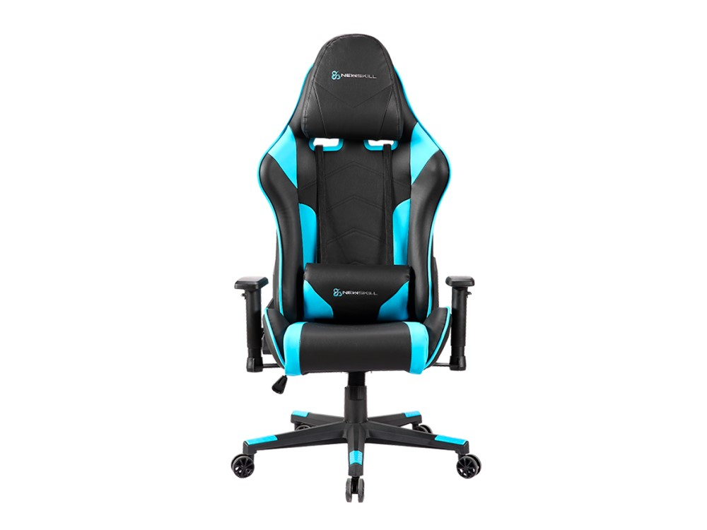 Una silla gaming azul y negra con reposacabezas y cojín cervical sobre fondo blanco.