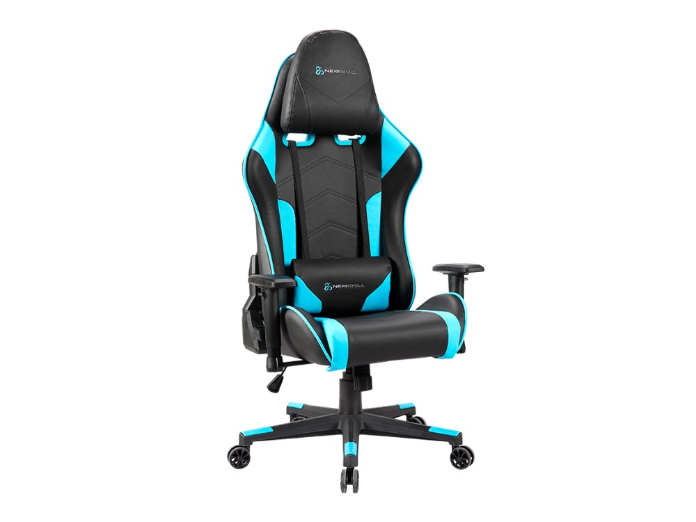 Silla gamer, negra y azul, con ruedas. Reposacabezas, respaldo y asiento negros. Detalles azules.