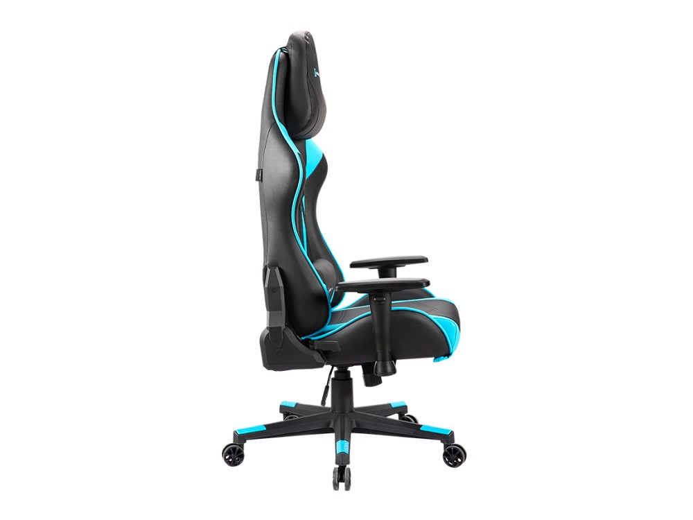 Silla gamer negra y azul, vista de perfil, fondo blanco.