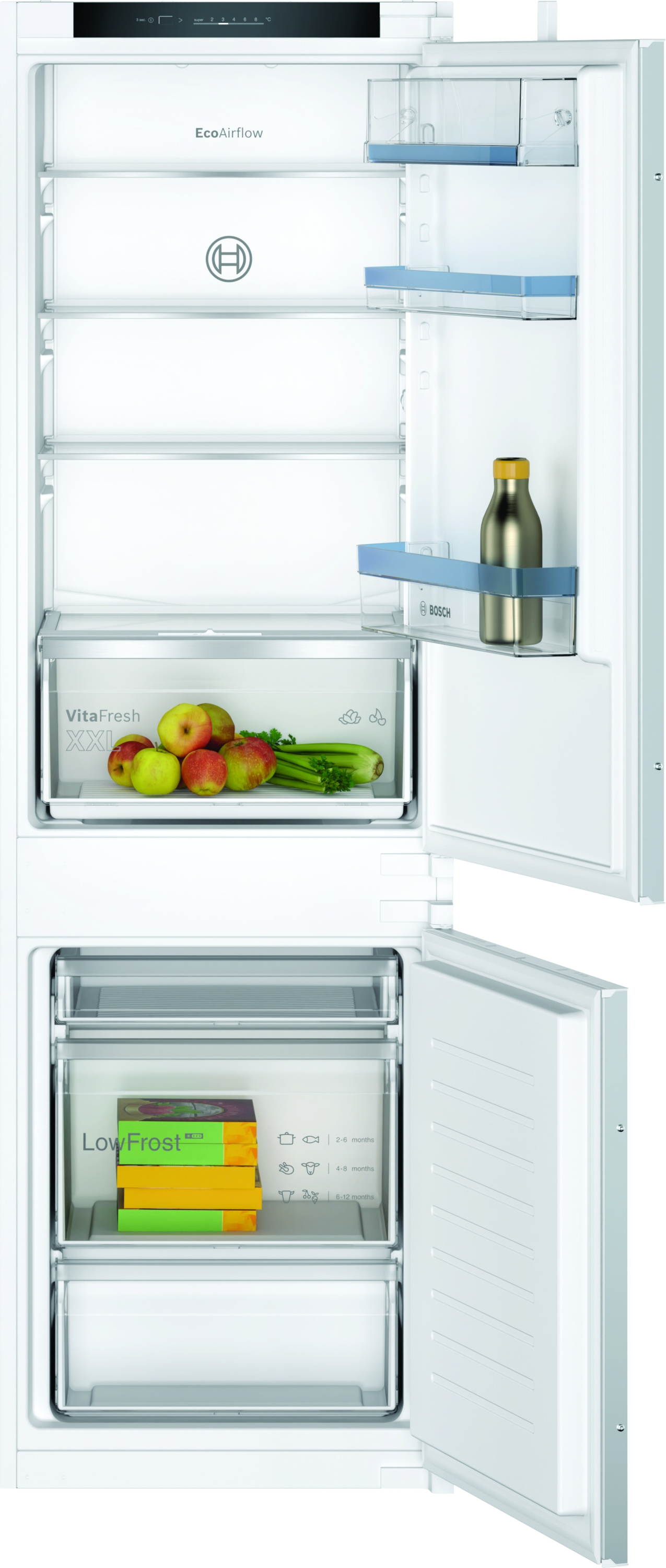 Un réfrigérateur blanc avec portes ouvertes, montrant étagères, tiroirs et une bouteille à l'intérieur.
