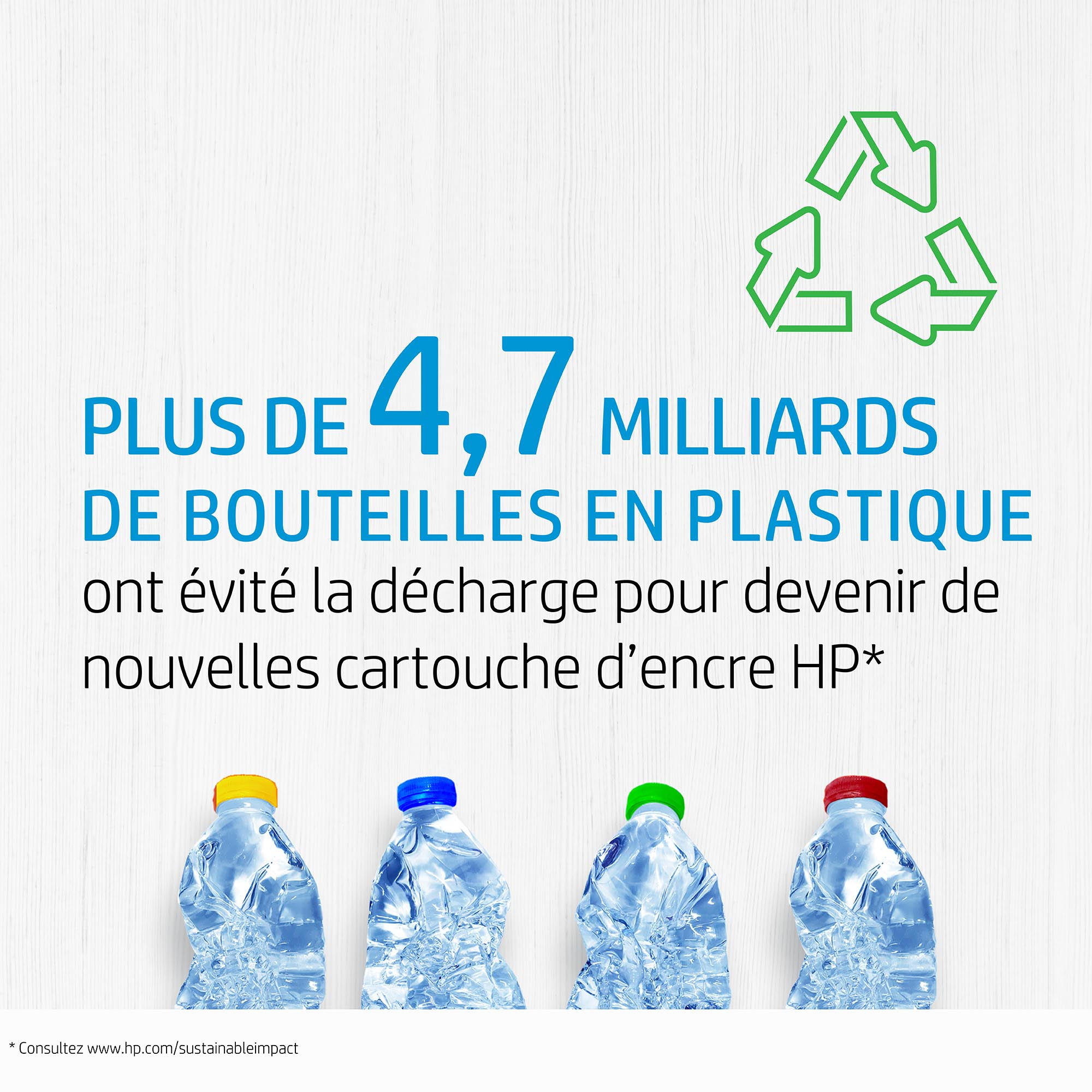 Vier Wasserflaschen mit farbigen Deckeln und einem Recycling-Symbol.