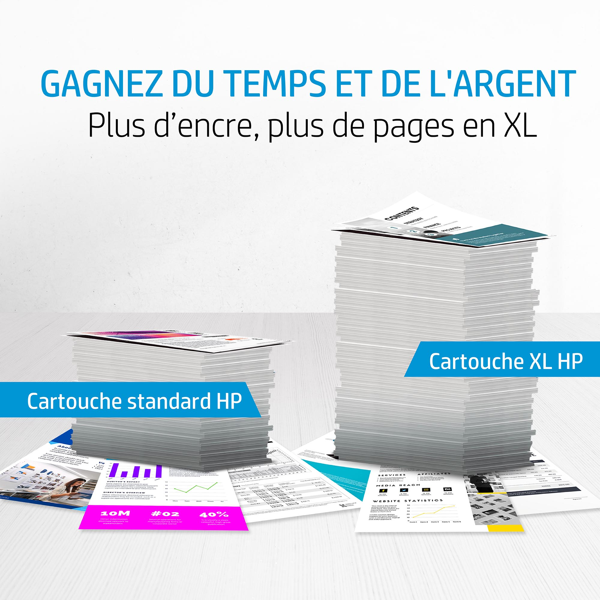 Vergleich: HP Standard- vs. XL-Tintenpatronen; Stapel von Seiten.