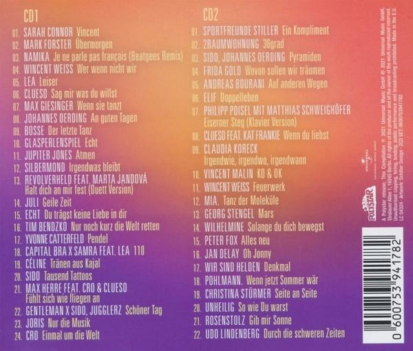CD-Cover mit Titellisten in zwei Spalten auf einem Farbverlaufshintergrund.