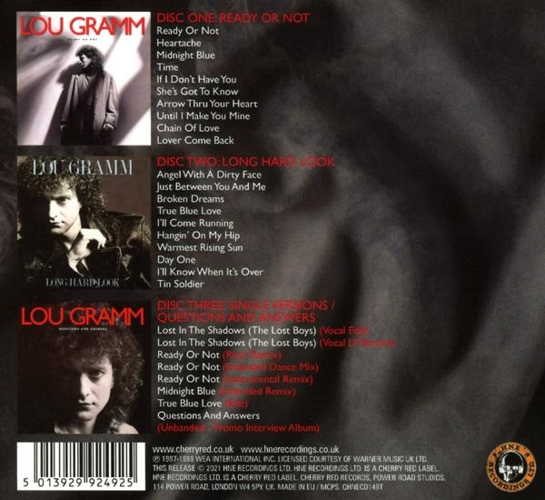 Albumcover: Lou Gramm, Trackliste, drei Albumcover auf dunklem Hintergrund.
