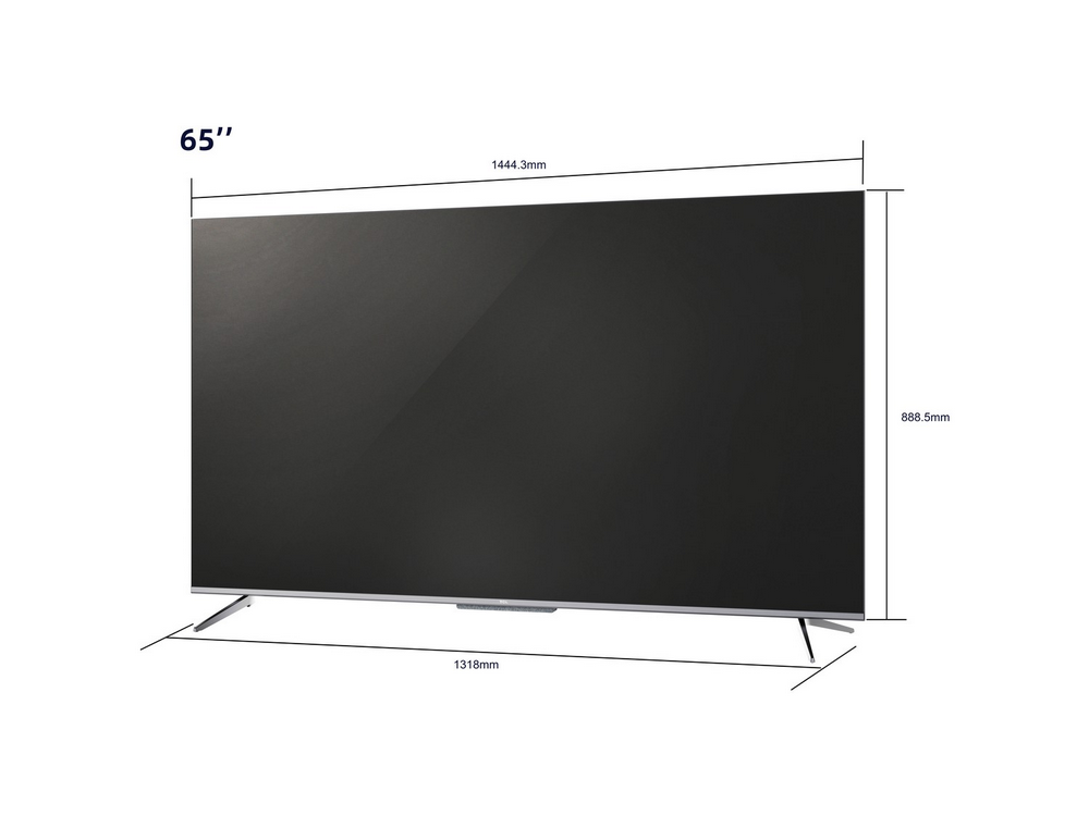 TV de 65 pulgadas con dimensiones etiquetadas. Pantalla negra, soporte plateado, fondo blanco.