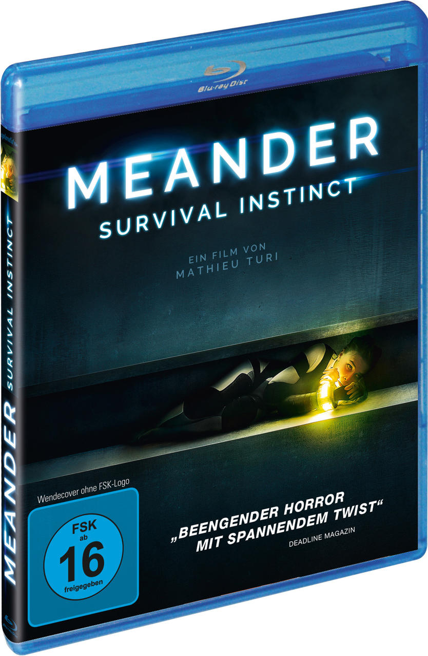 Blu-ray-Disc-Cover für den Film 'Meander: Survival Instinct'. Eine Frau in einem Tunnel.