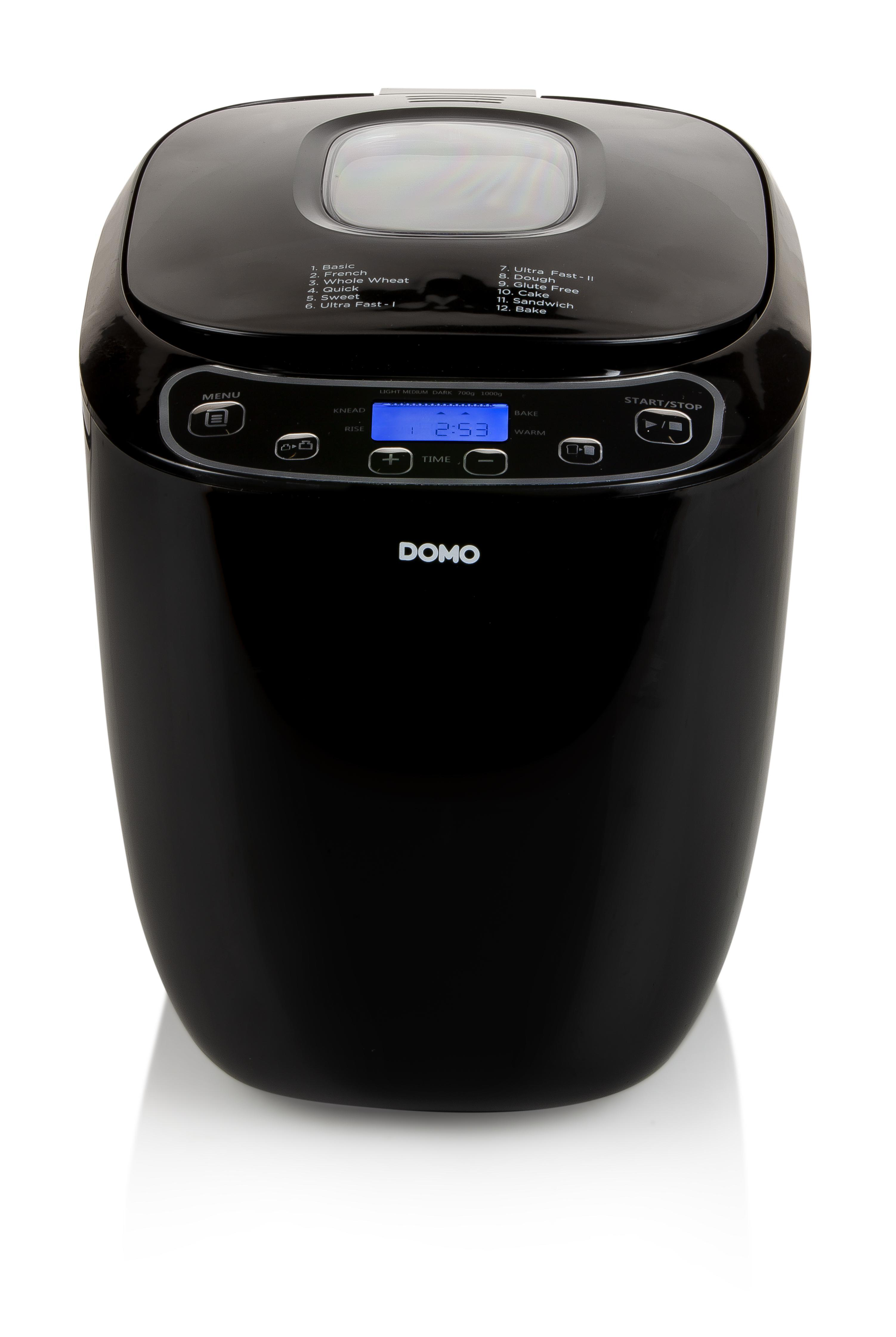 Ein schwarzer Brotbackautomat mit digitalem Display und Bedienknöpfen.