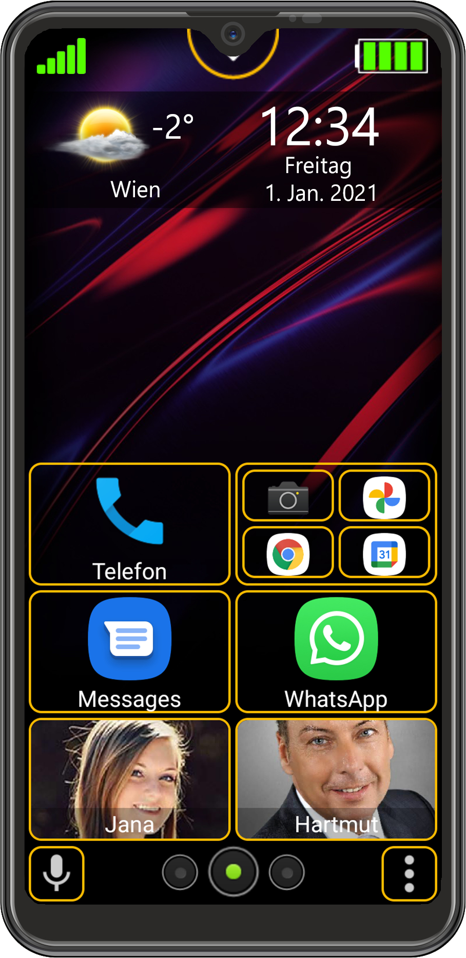 Smartphone-Bildschirm zeigt Zeit, Wetter, App-Symbole und Kontaktfotos. Der Hintergrund hat einen rot-lila Farbverlauf.