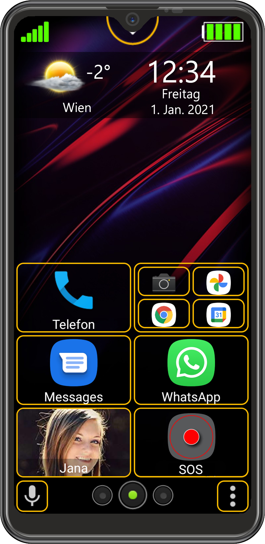 Ein Smartphone-Bildschirm zeigt Uhrzeit, Wetter und App-Symbole.