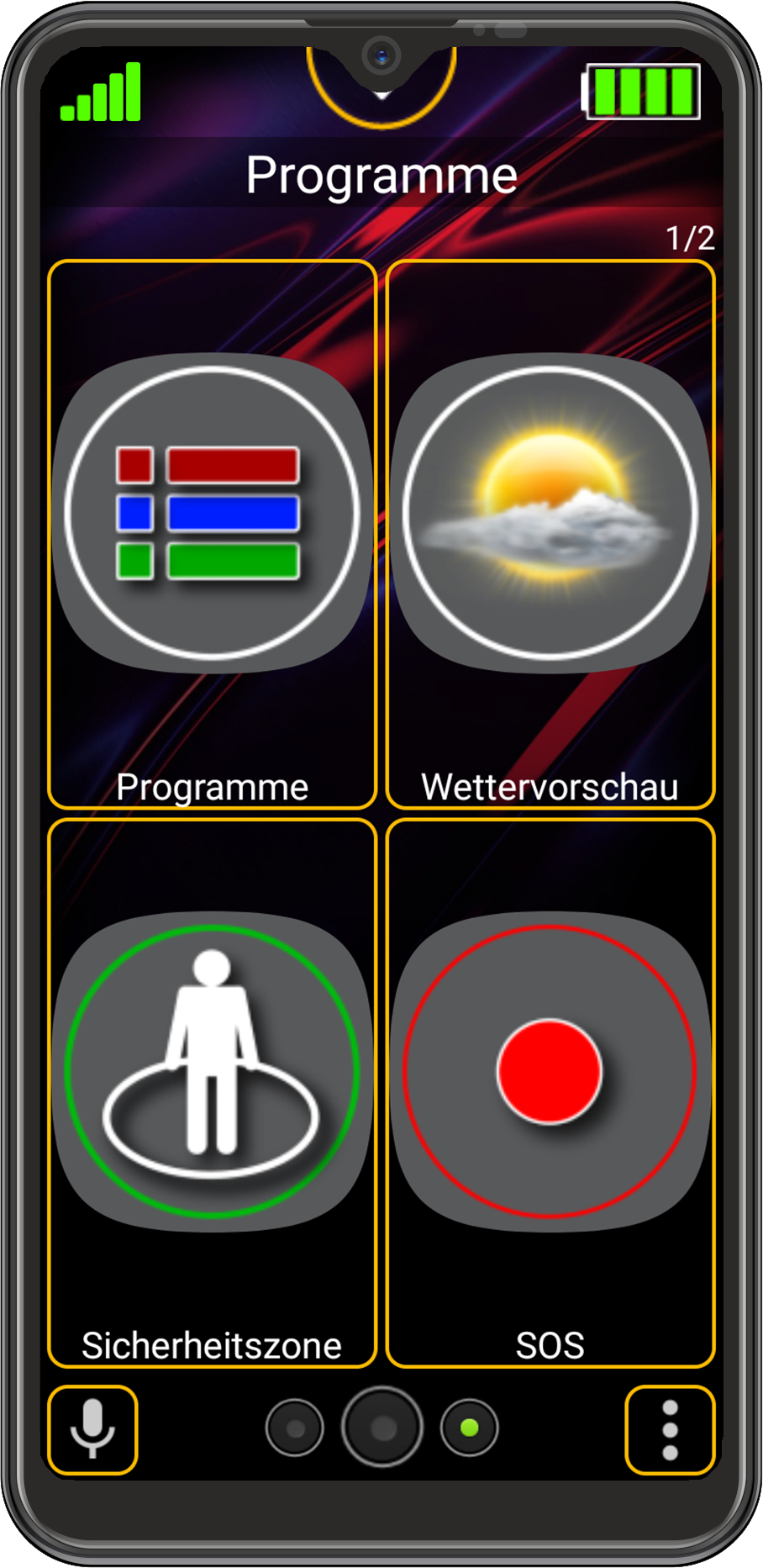 Ein Smartphone-Bildschirm zeigt App-Symbole mit roten, blauen und grünen Farben auf einem schwarzen Telefon.