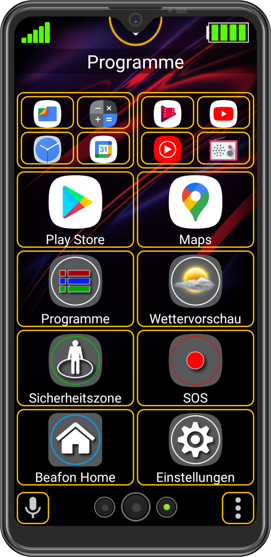 Ein Smartphone-Bildschirm mit App-Symbolen, einschließlich einer Home- und SOS-Taste.