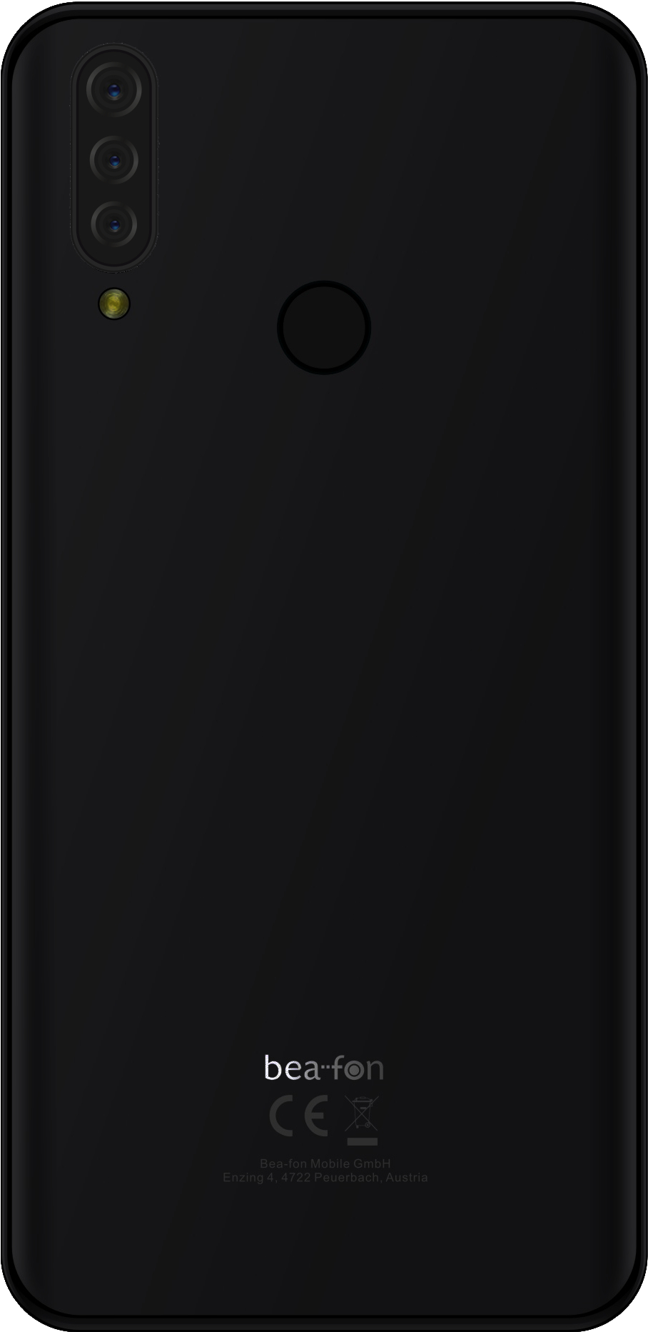 Rückseite eines schwarzen Smartphones mit Dreifachkamera und Fingerabdrucksensor. Der Markenname ist sichtbar.