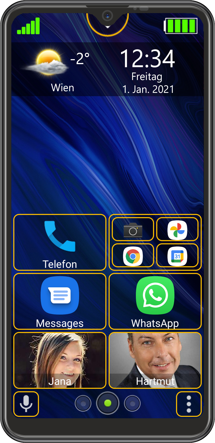 Ein Smartphone-Bildschirm, der eine Wetter-App und Kontakte anzeigt.