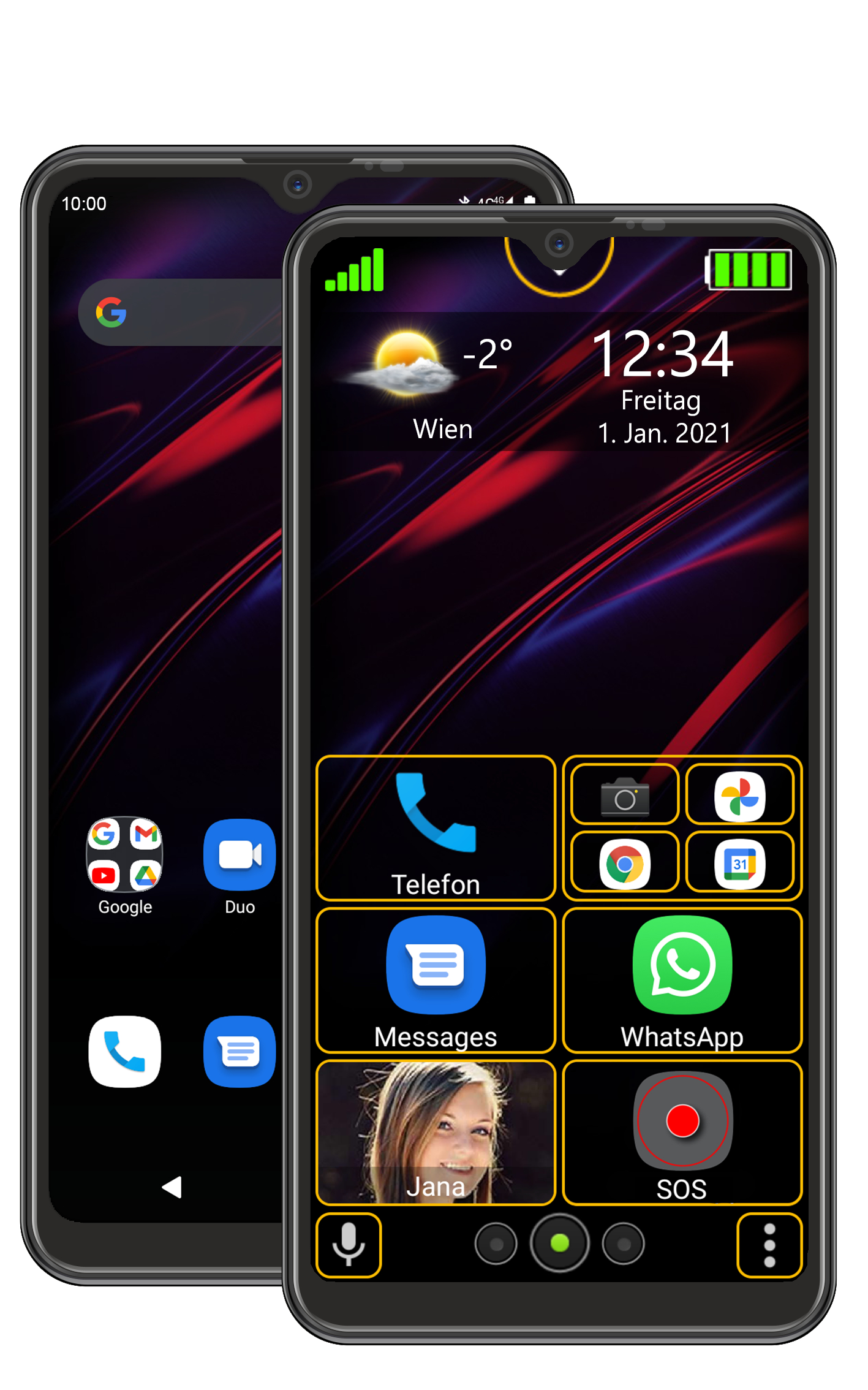 Zwei Smartphones, eines zeigt einen Home-Bildschirm mit Symbolen. Zweites Telefon links.