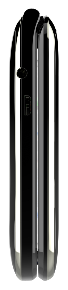 Seitenansicht eines schwarzen Smartphones mit glänzender, reflektierender Oberfläche.