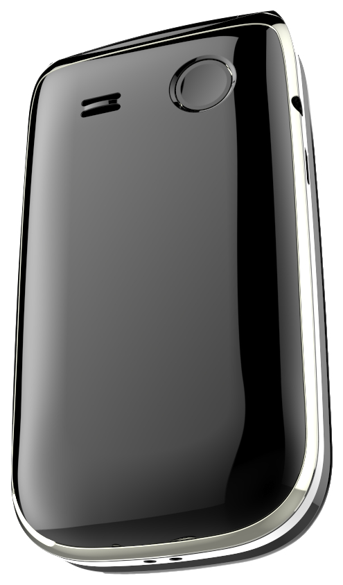 Ein glänzend schwarzes Telefon mit silbernem Rand und Kameralinse auf hellem Hintergrund.