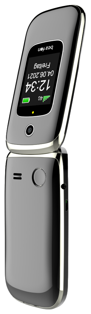 Ein silbernes Klapphandy offen, das Zeit und Datum anzeigt. Das Telefon hat eine Kamera und 4G-Symbol.