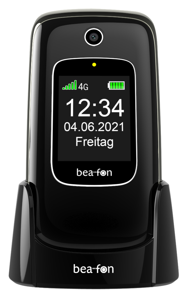 Schwarzes Klapphandy mit Bildschirm, der Uhrzeit, Datum und Signalbalken anzeigt. Weißer Hintergrund.