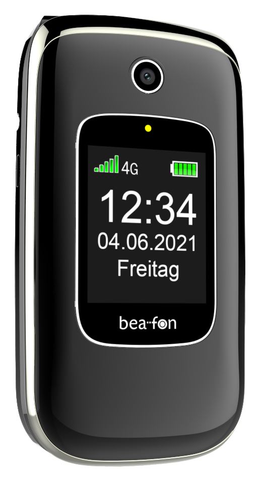 Schwarzes Klapphandy, geschlossen. Der Bildschirm zeigt Uhrzeit, Datum und Akku. 4G-Signal sichtbar.