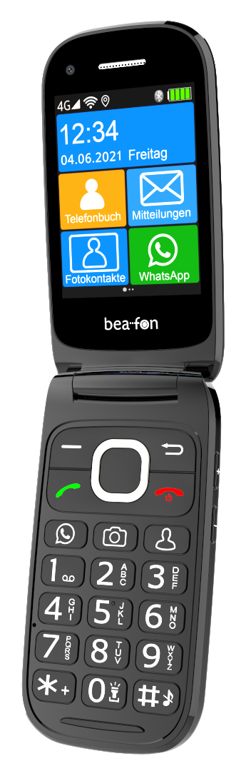 Schwarzes Klapphandy offen, zeigt Uhrzeit, Datum und App-Symbole wie Telefonbuch, Nachrichten und WhatsApp.