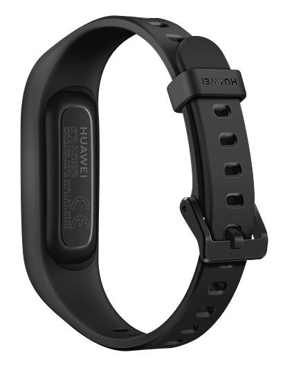 Schwarzer Huawei Fitnesstracker, Rückansicht, mit Armbanddetails und Huawei-Logo.