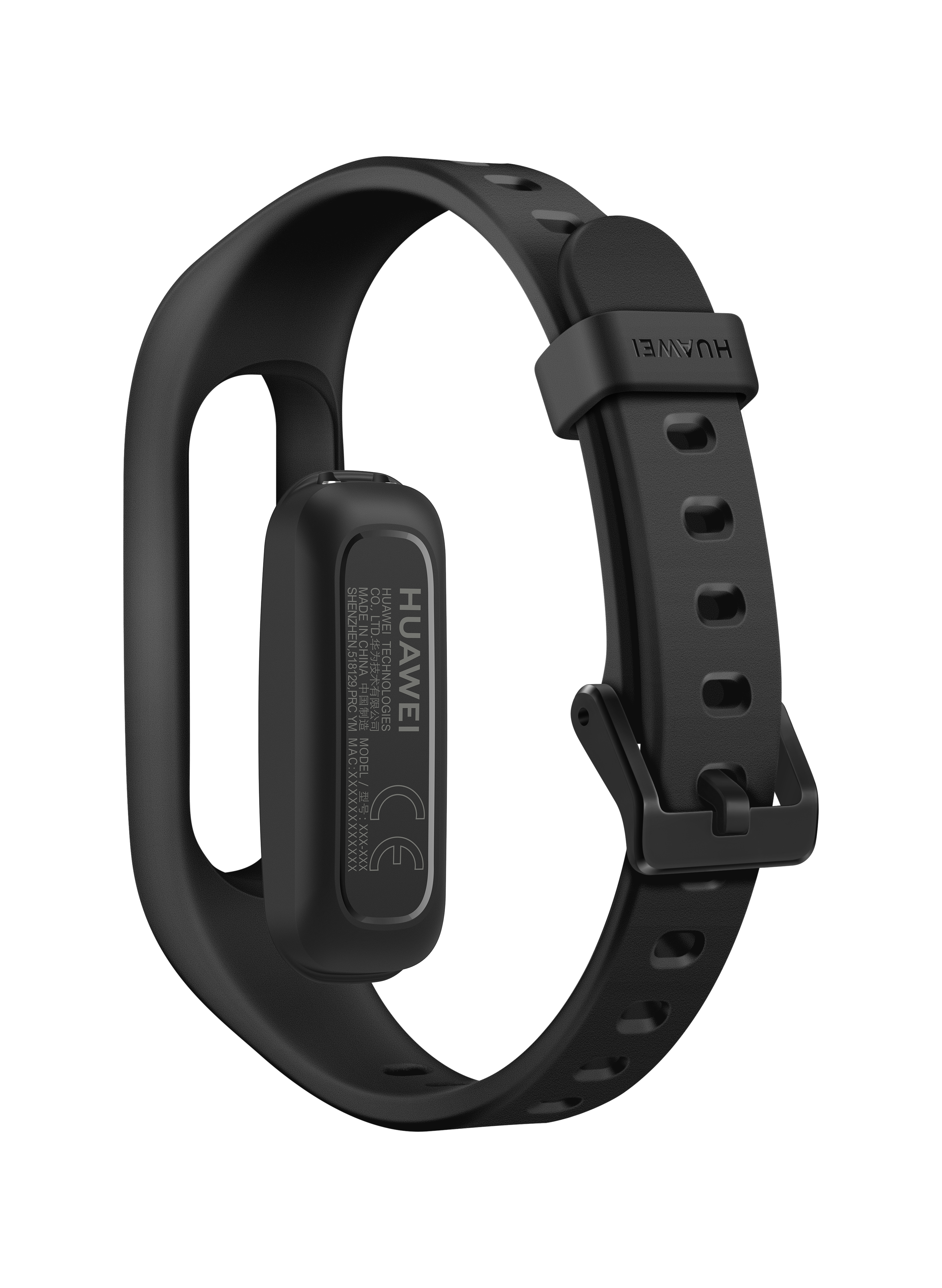 Schwarzer Huawei-Fitnesstracker. Das Band hat einen Verschluss, das Gehäuse ein Display.