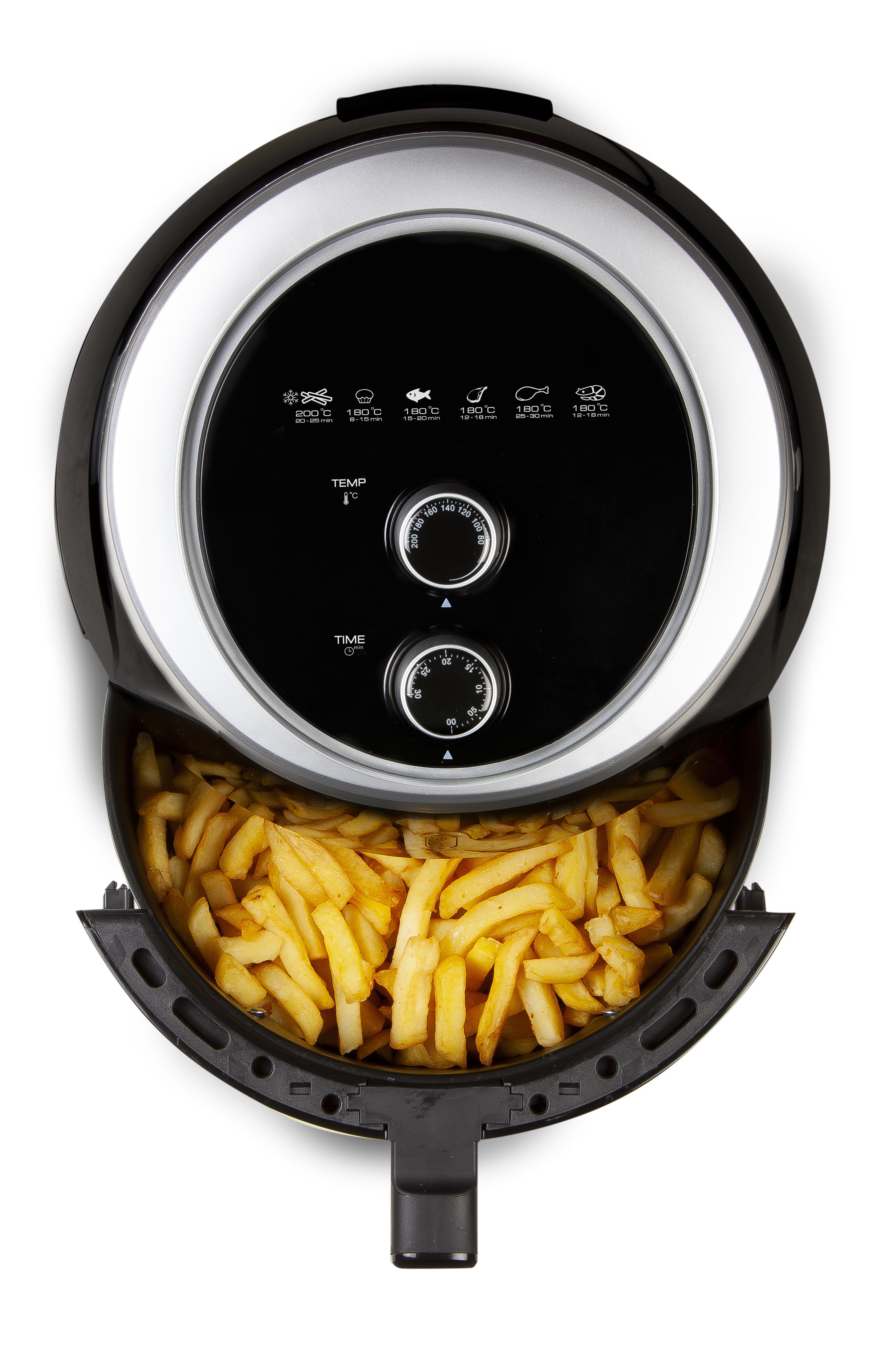 Heißluftfritteuse mit Pommes Frites. Schwarze Oberseite mit Einstellungen für Temperatur und Zeit. Weißer Hintergrund.