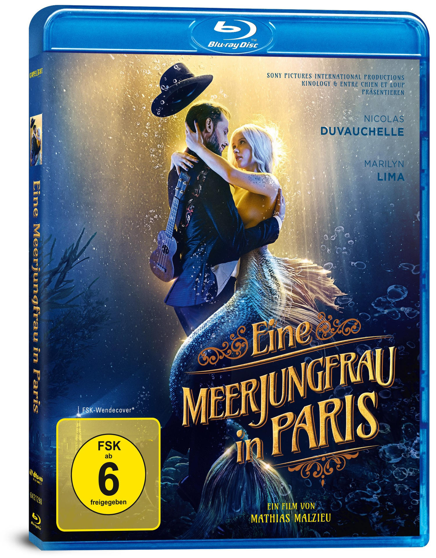 Filmcover: Eine Meerjungfrau und ein Mann umarmen sich. Text: 'Eine Meerjungfrau in Paris'.