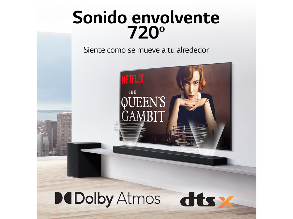 Un televisor que muestra The Queen's Gambit, una barra de sonido y un subwoofer.