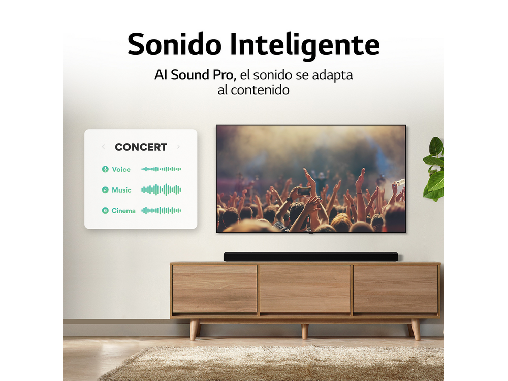 Pantalla de TV con gráficos en un mueble de madera, mostrando las funciones de la barra de sonido.