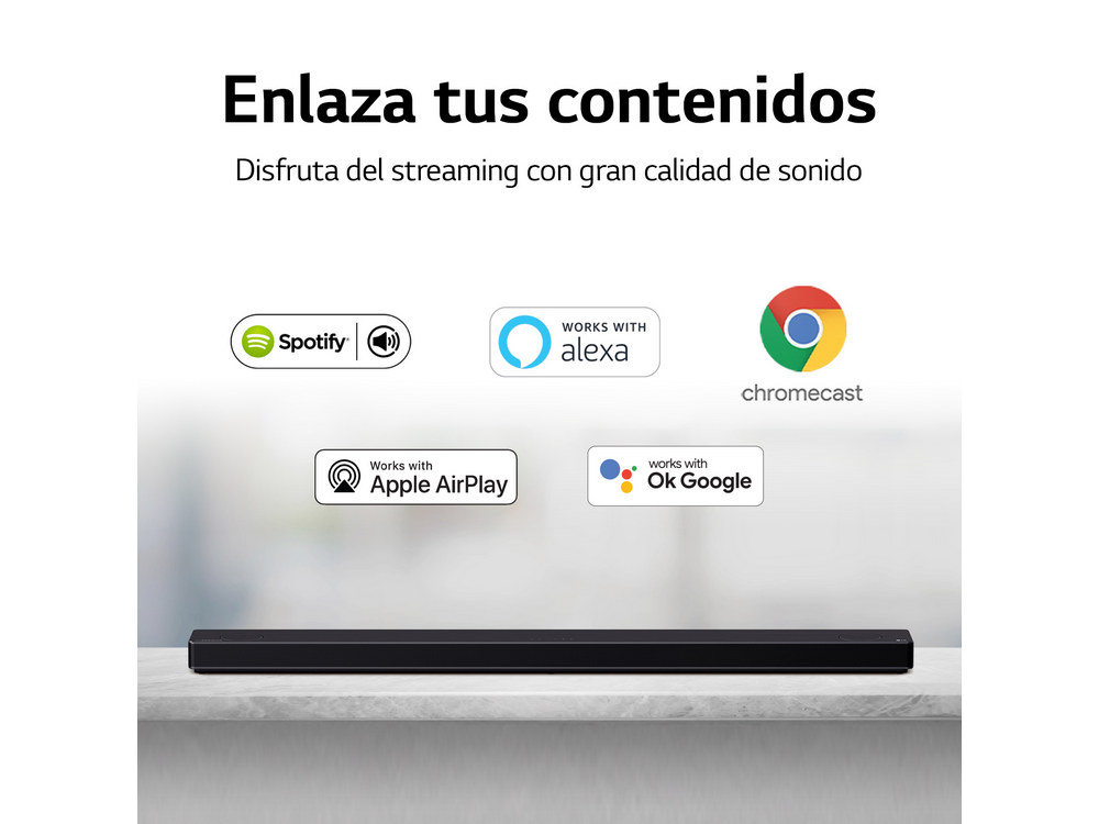 Barra de sonido LG con logotipos de Spotify, Alexa, Chromecast, Apple AirPlay y Ok Google. Texto: Vincula tus contenidos.