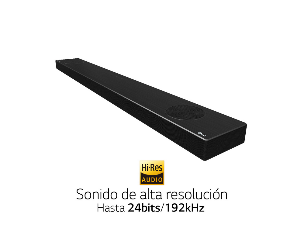 Barra de sonido negra con el logotipo de Hi-Res Audio.