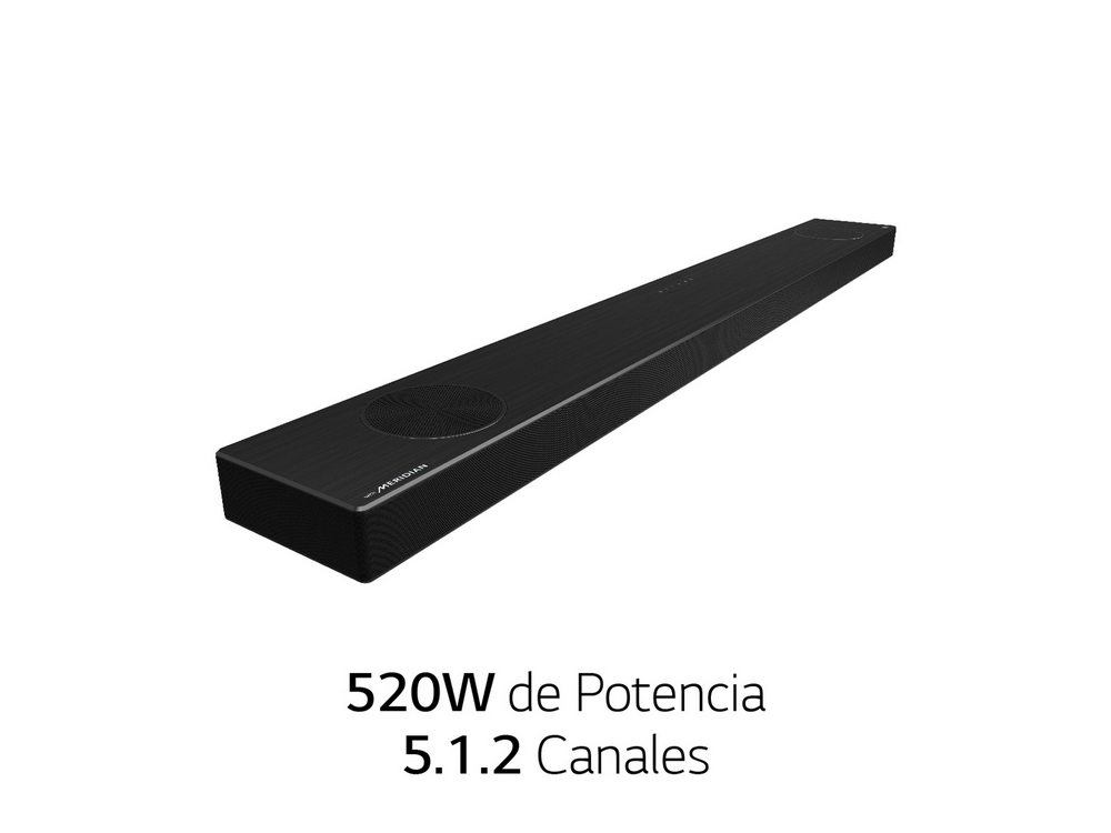Una barra de sonido LG negra. Es larga y rectangular con esquinas redondeadas y tiene un pequeño logotipo.