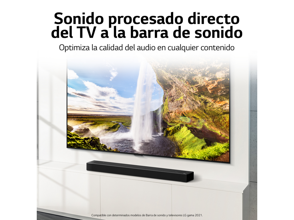 TV mostrando cascada, con barra de sonido negra abajo. Texto explica cómo funciona el sonido.