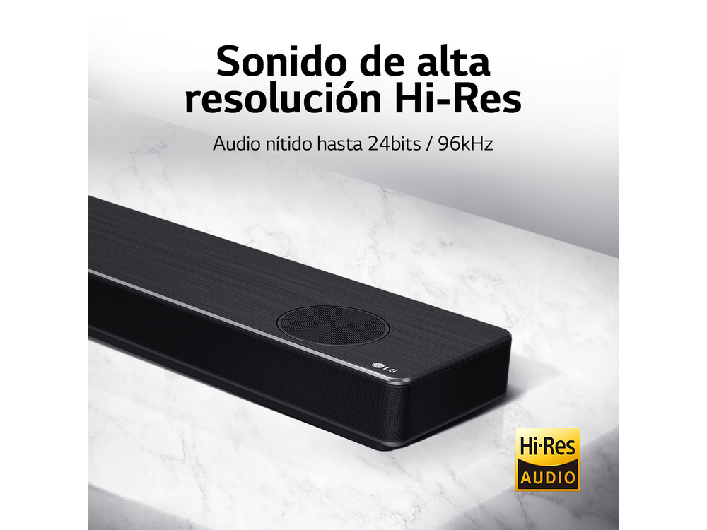 Una barra de sonido negra con el texto 'Sonido de alta resolución Hi-Res'.